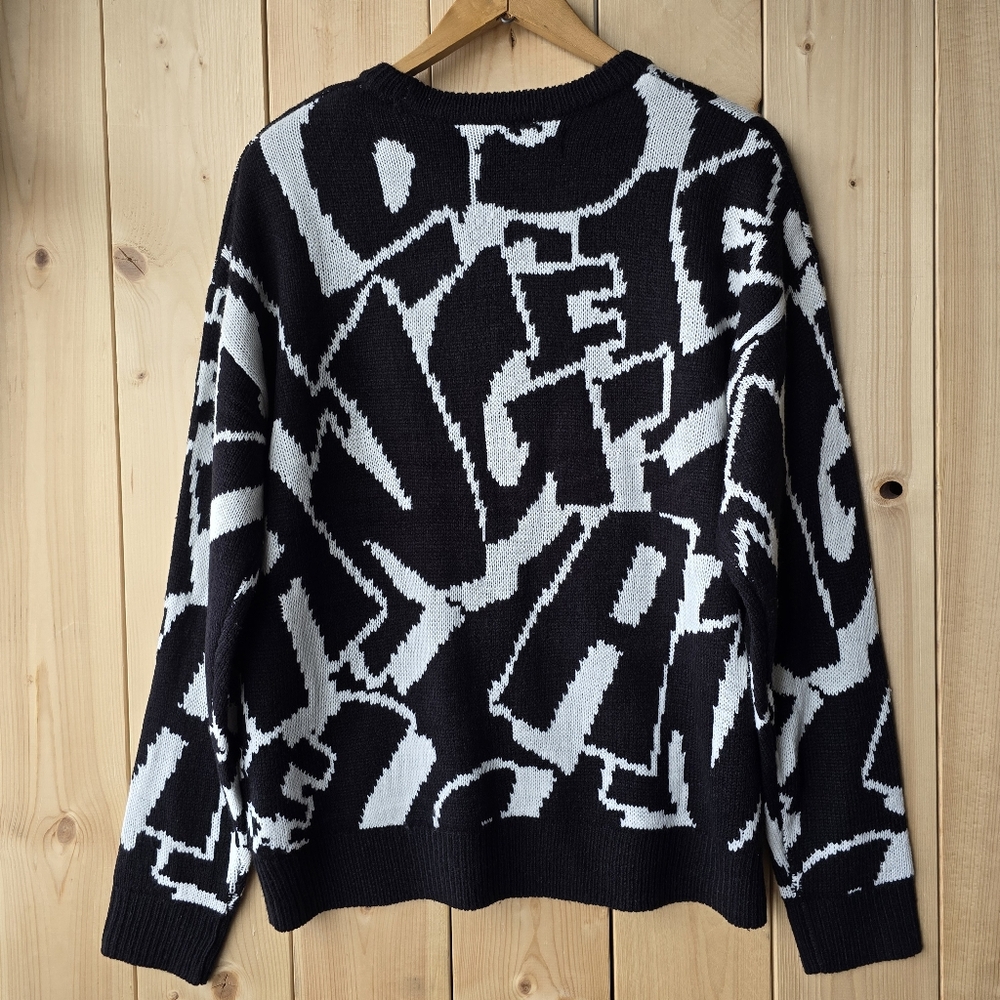 Urban Man Graffiti Print Knit Acrylic Crewneck Sweater Black White Mens Medium - Picture 6 of 9